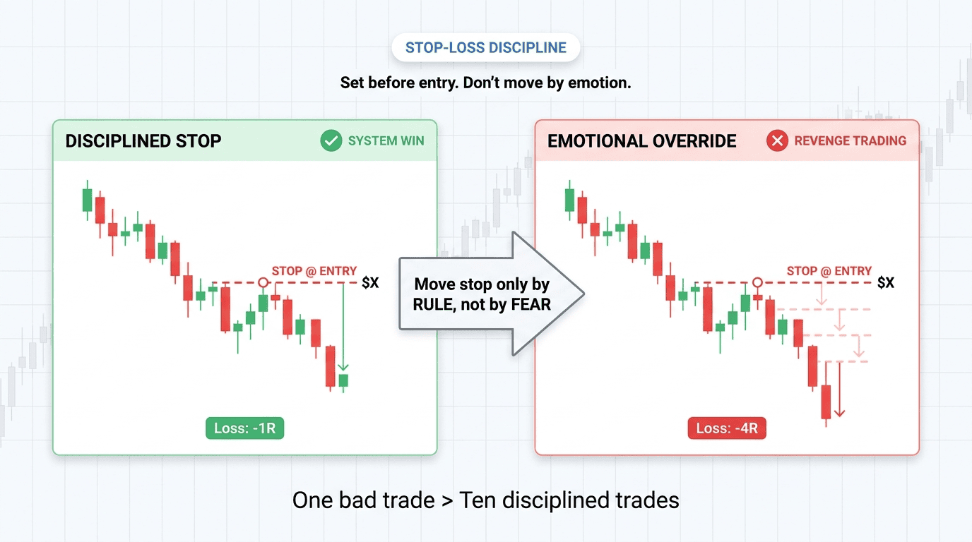 Disciplined hard stop vs emotional override: same trade, very different outcome.