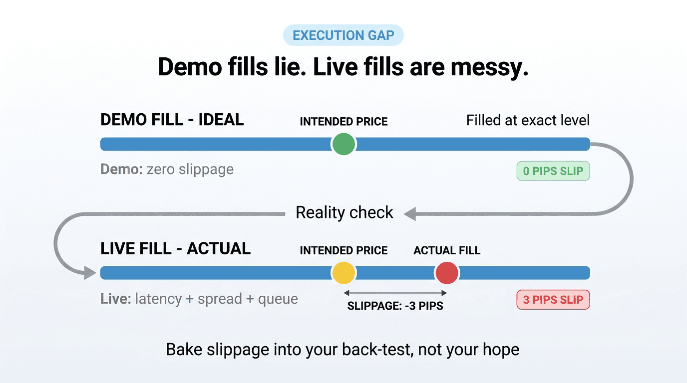 Demo fills land at the exact level. Live fills include latency, spread, and queue distance.