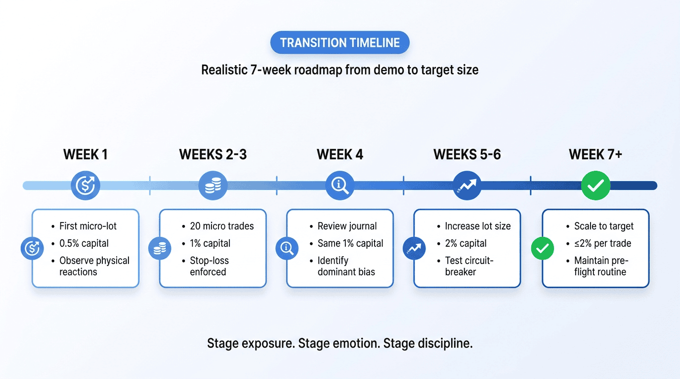 Stage exposure across 7+ weeks: micro lots, journal, scale, full size.