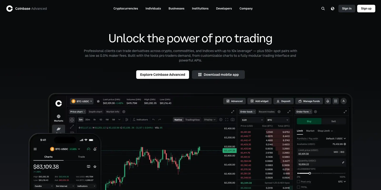 Coinbase Advanced landing page with the headline Unlock the power of pro trading above a desktop trading screen showing a BTC-USDC chart, order book and order form, and a mobile chart view