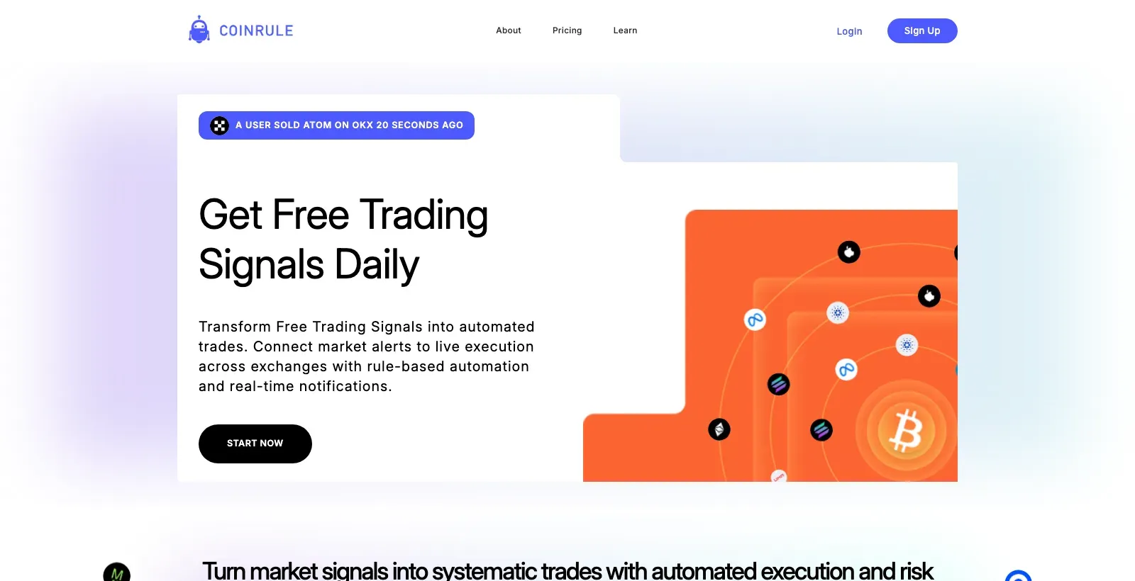 Coinrule free trading signals page with the headline Get Free Trading Signals Daily and a Start Now button