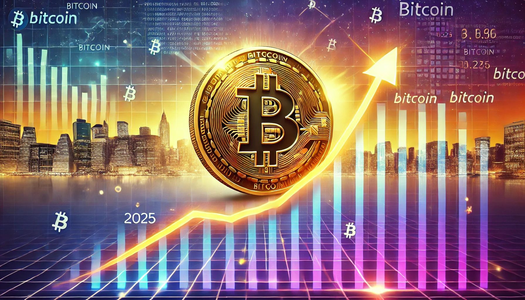 Bitcoin coin with rising chart and market data background
