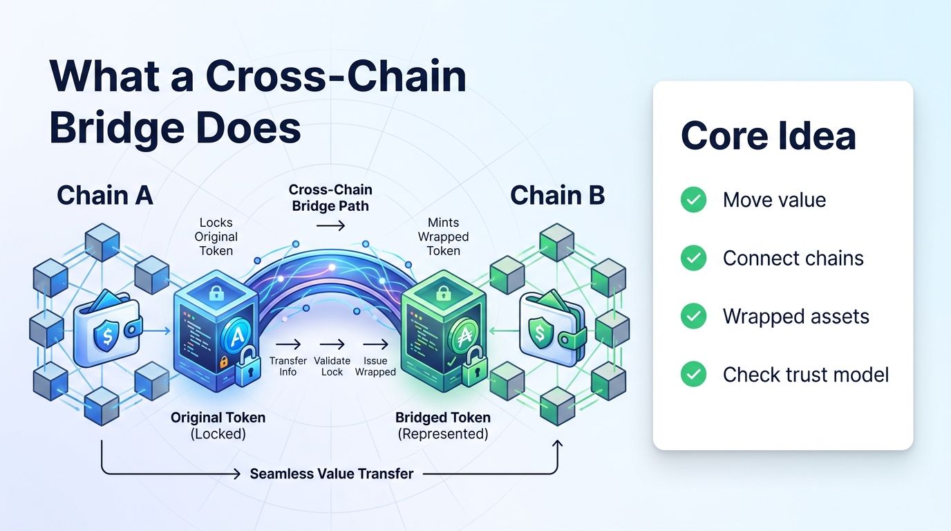 Cross-chain bridge explainer showing assets moving between blockchains