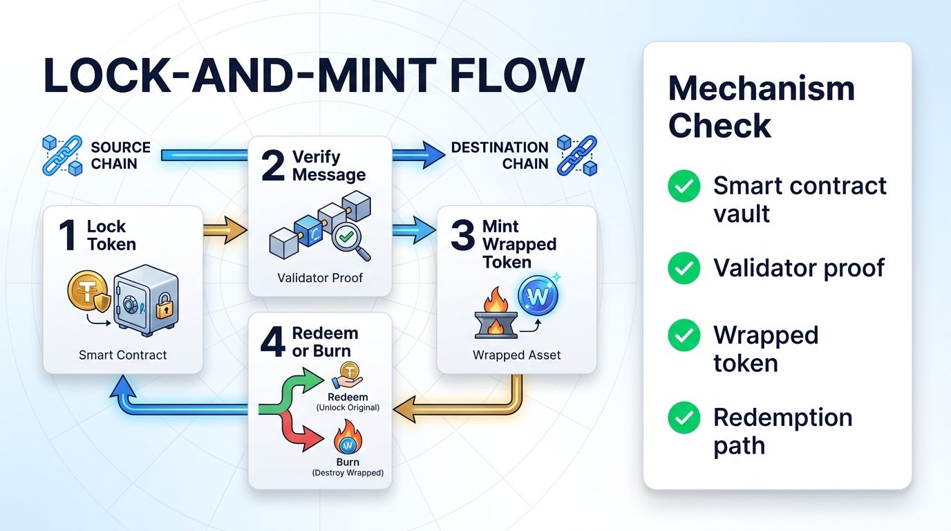 Lock-and-mint cross-chain bridge mechanism in four steps