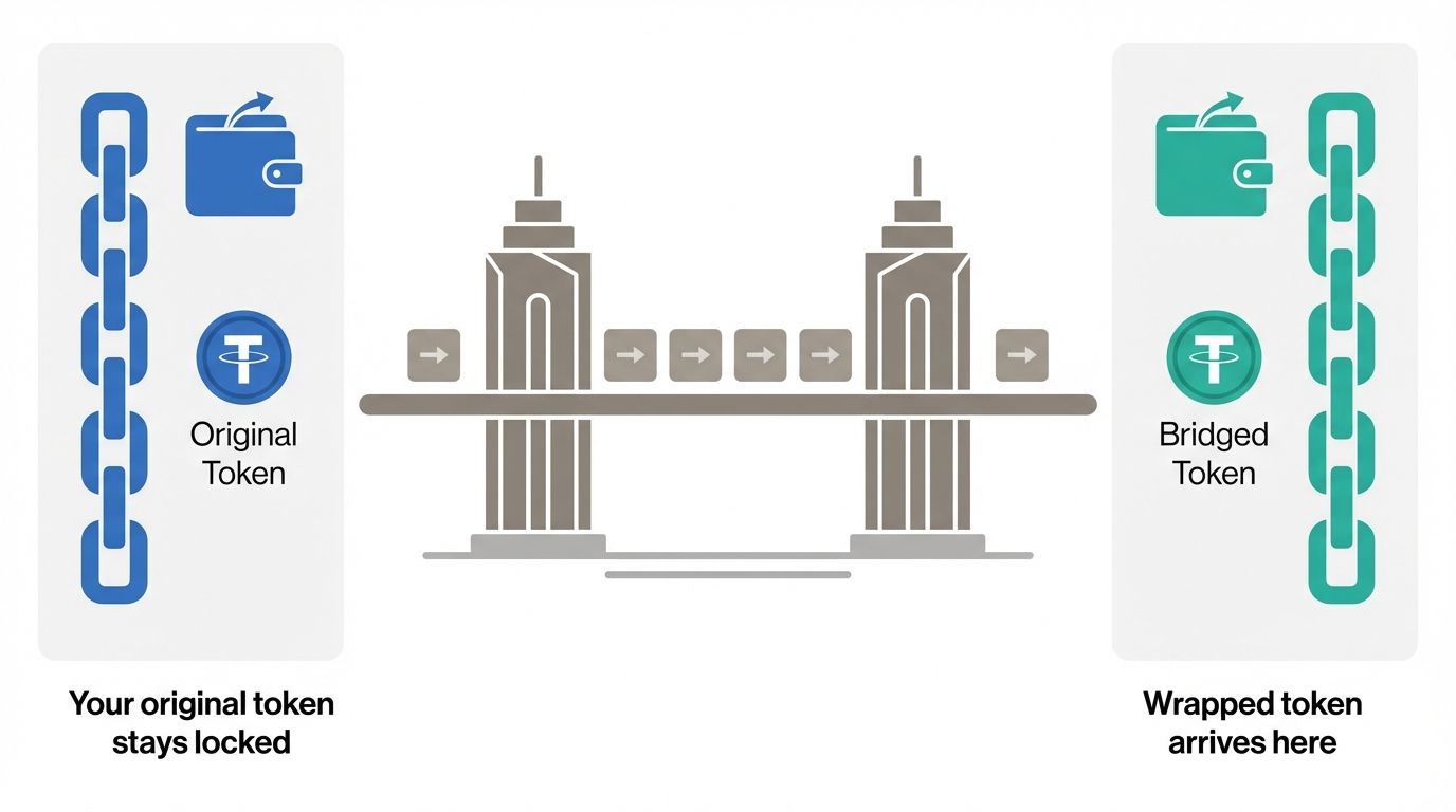 Cross-chain bridge explainer showing original token locked on source chain and bridged token on destination chain