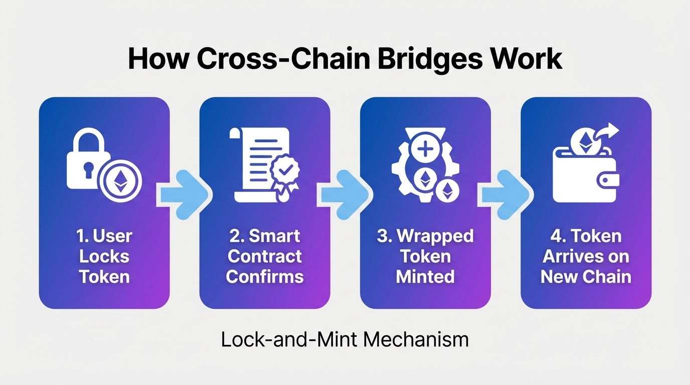 Lock-and-mint cross-chain bridge mechanism shown in 4 steps: user locks token, smart contract confirms, wrapped token minted, token arrives on new chain