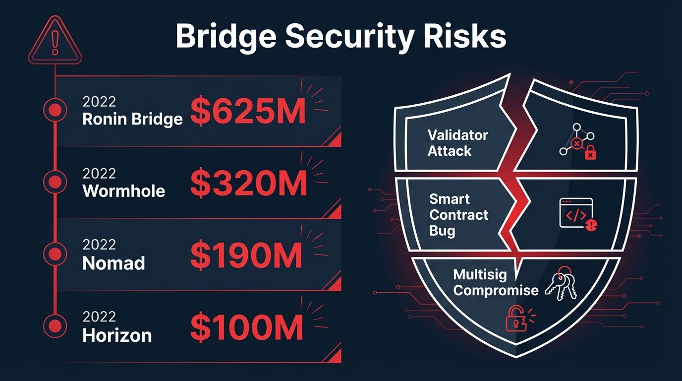Bridge security risks infographic showing Ronin 625M, Wormhole 320M, Nomad 190M, Horizon 100M hacks and attack vectors