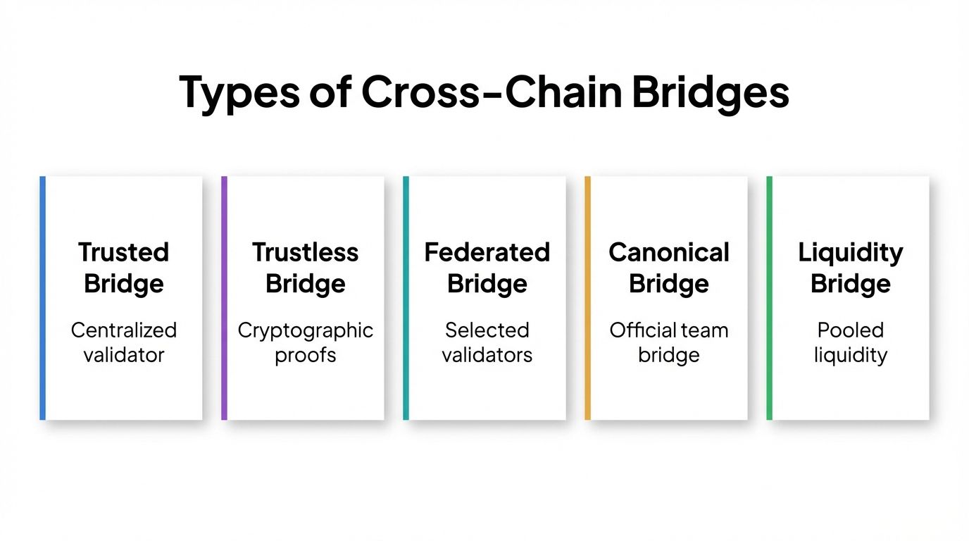 Comparison of 5 cross-chain bridge types: trusted, trustless, federated, canonical, and liquidity bridges