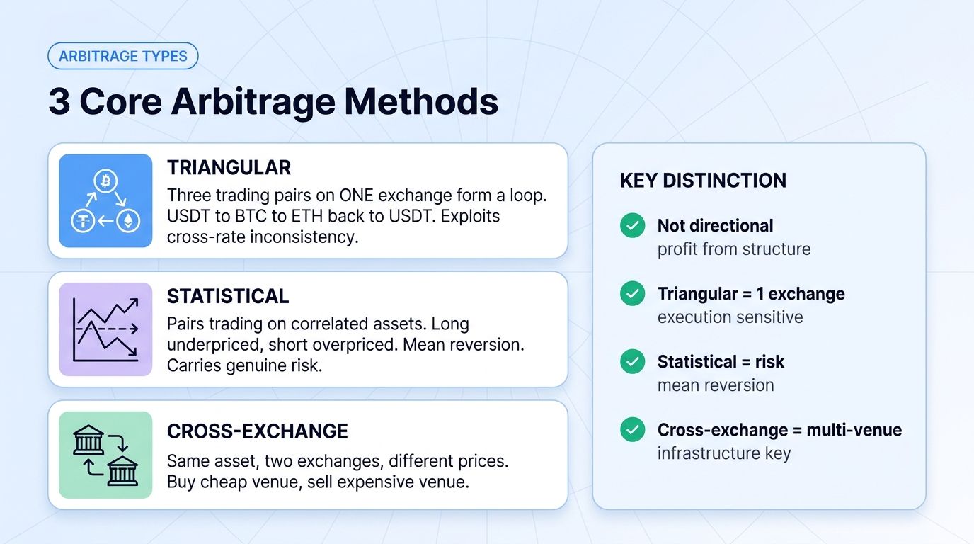 Three core crypto arbitrage methods: triangular, statistical, cross-exchange