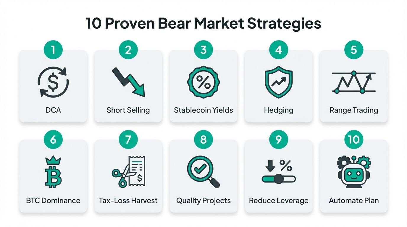 Grid overview of 10 proven bear market strategies including DCA short selling hedging and range trading