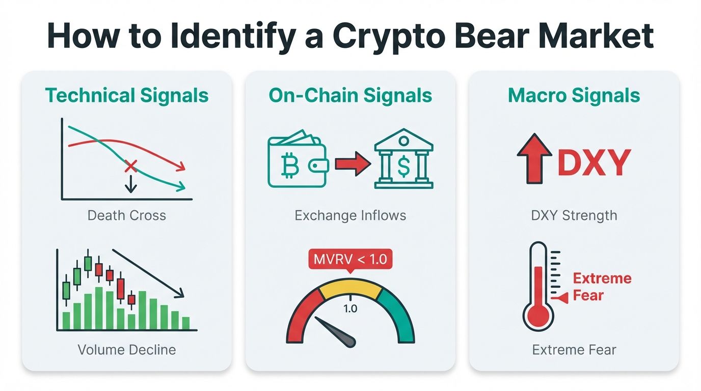 Three categories of bear market identification signals including technical on-chain and macro indicators