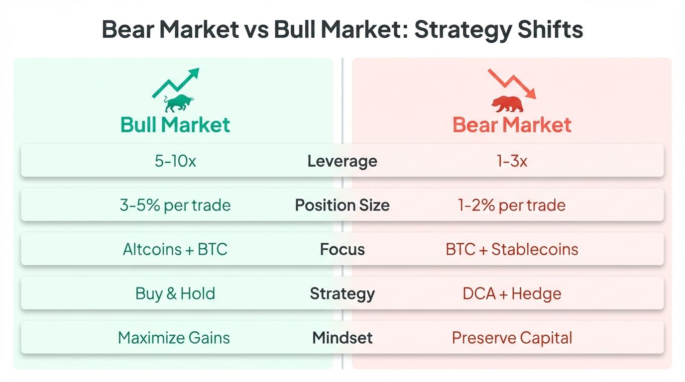 Side by side comparison of bull market and bear market trading strategy adjustments