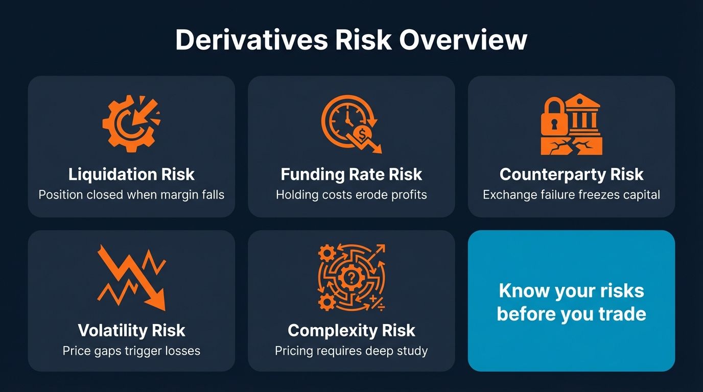 Overview of five key risks in crypto derivatives trading including liquidation, funding rate, counterparty, volatility, and complexity risks