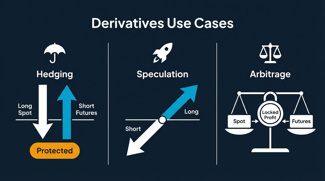 Three core use cases for crypto derivatives: hedging, speculation, and arbitrage illustrated with diagrams