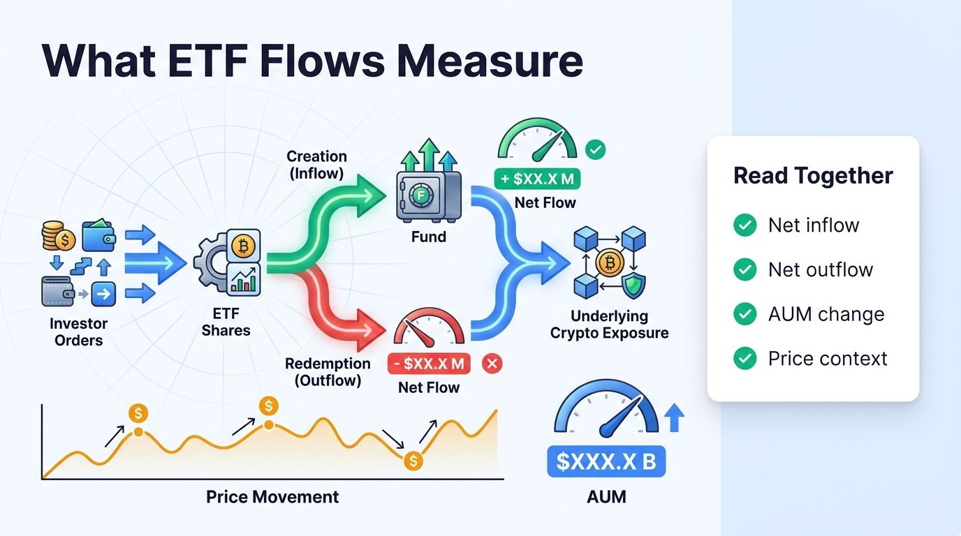 How crypto ETF flows move through creations, redemptions, AUM, and price