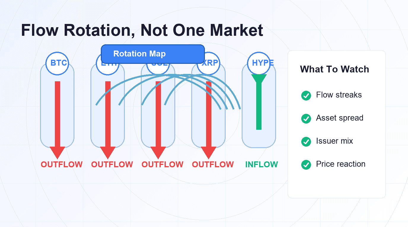 ETF flow rotation across BTC, ETH, SOL, XRP, and HYPE