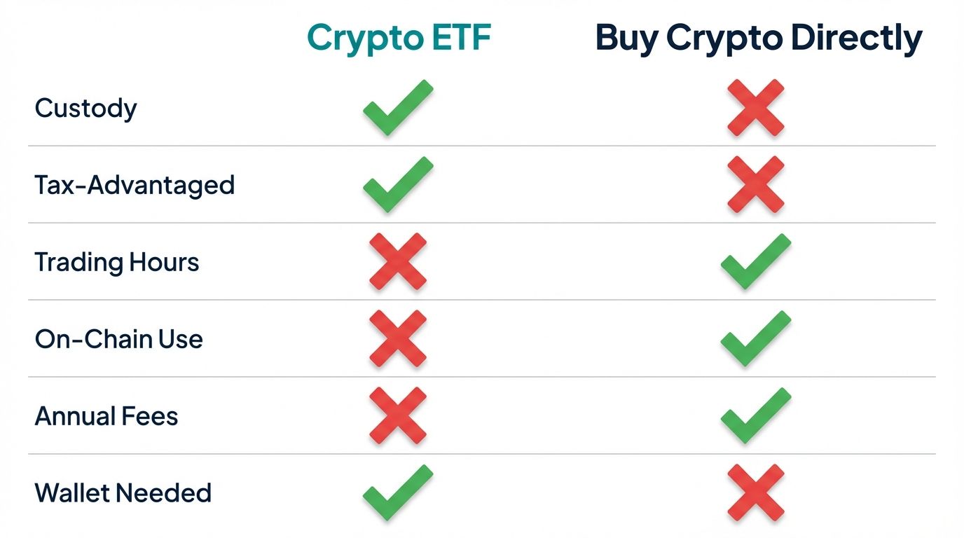 Comparison table of crypto ETF versus buying crypto directly across custody tax-advantaged accounts trading hours on-chain use annual fees and wallet requirement