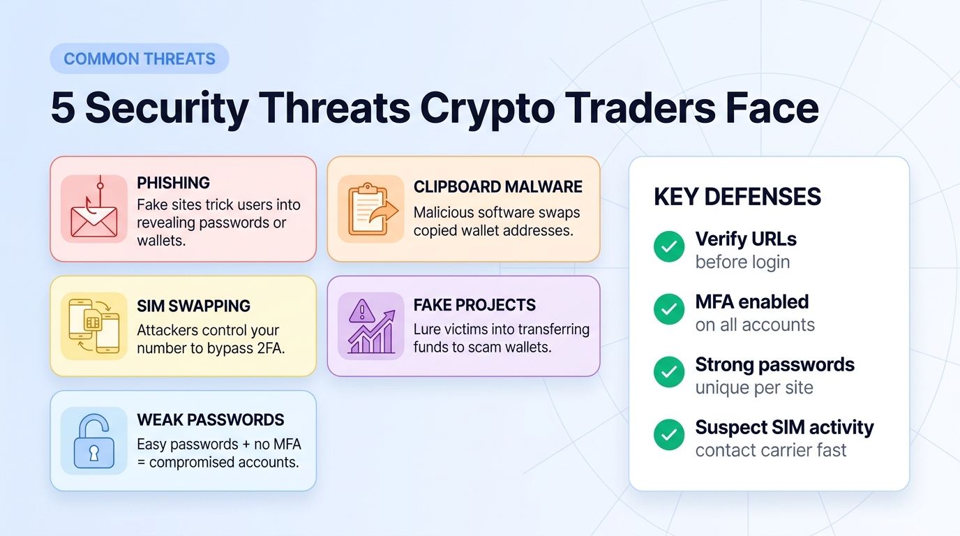 5 common security threats crypto traders face: phishing, clipboard malware, SIM swapping, fake projects, weak passwords