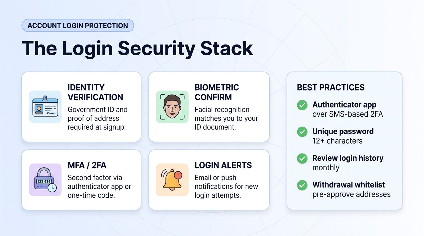 Crypto exchange account login security stack: identity verification, biometric, MFA, login alerts