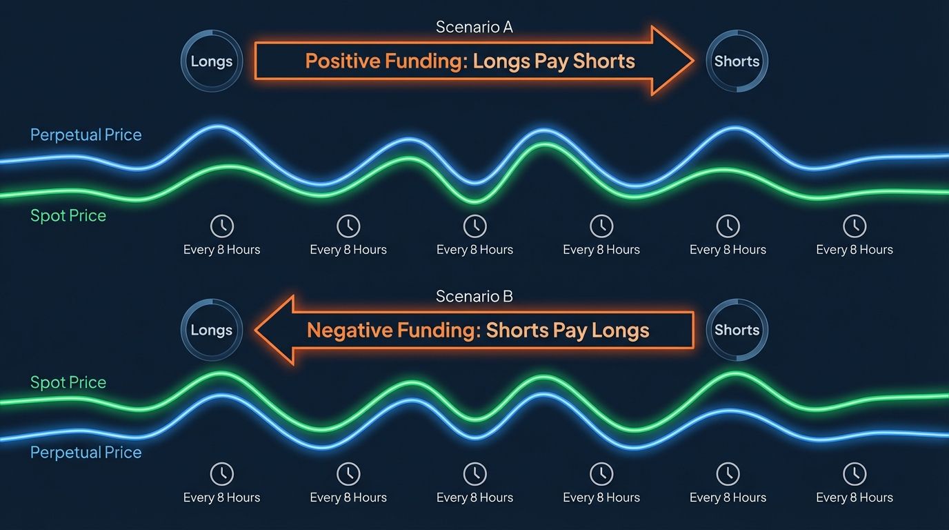 Crypto funding rate mechanism showing payments between longs and shorts every 8 hours