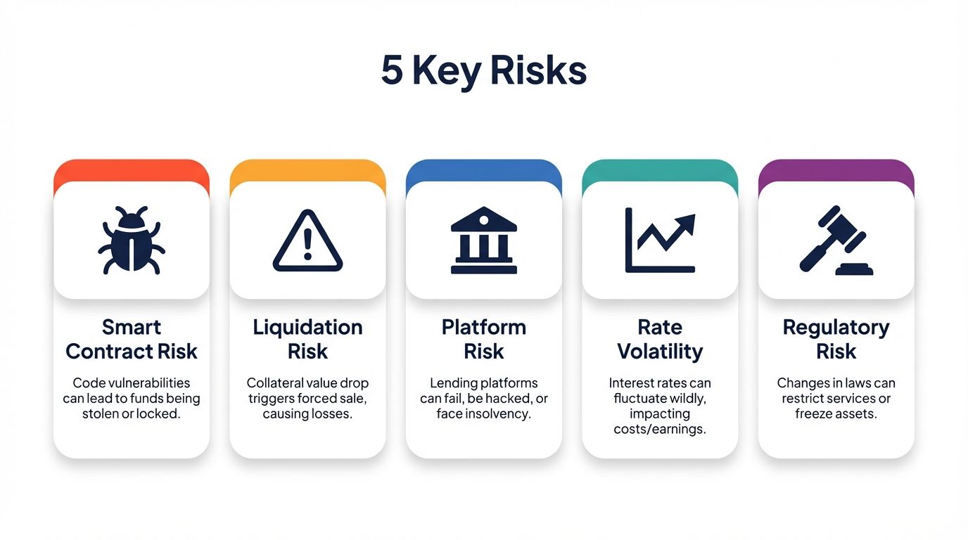 Five key risks of crypto lending and borrowing including smart contract risk liquidation risk platform risk rate volatility and regulatory risk