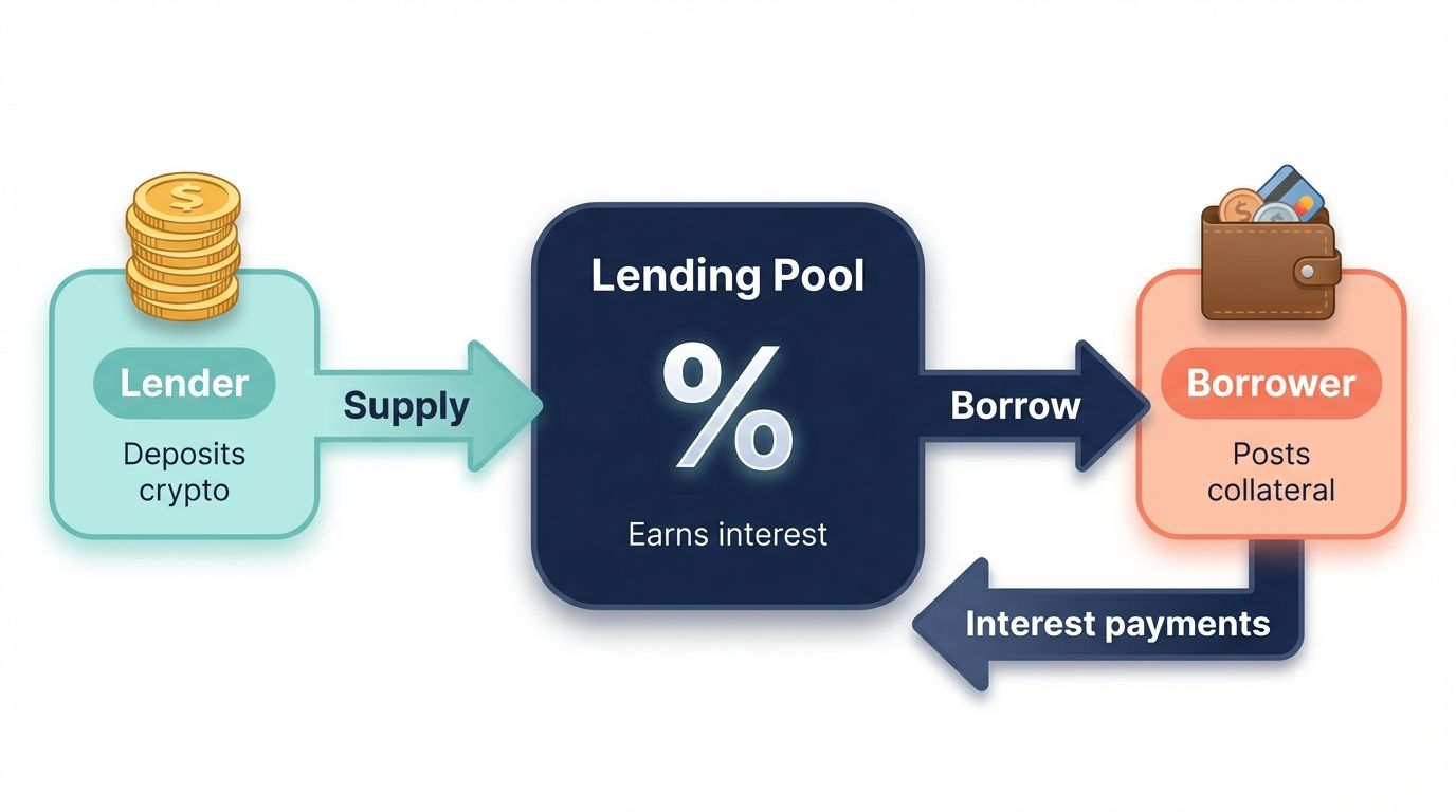 Crypto lending flow diagram showing lender depositing into lending pool and borrower accessing funds by posting collateral