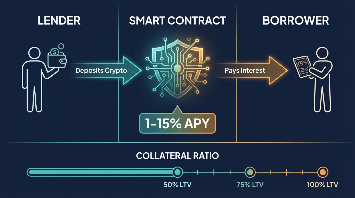 Crypto lending interest income DeFi infographic