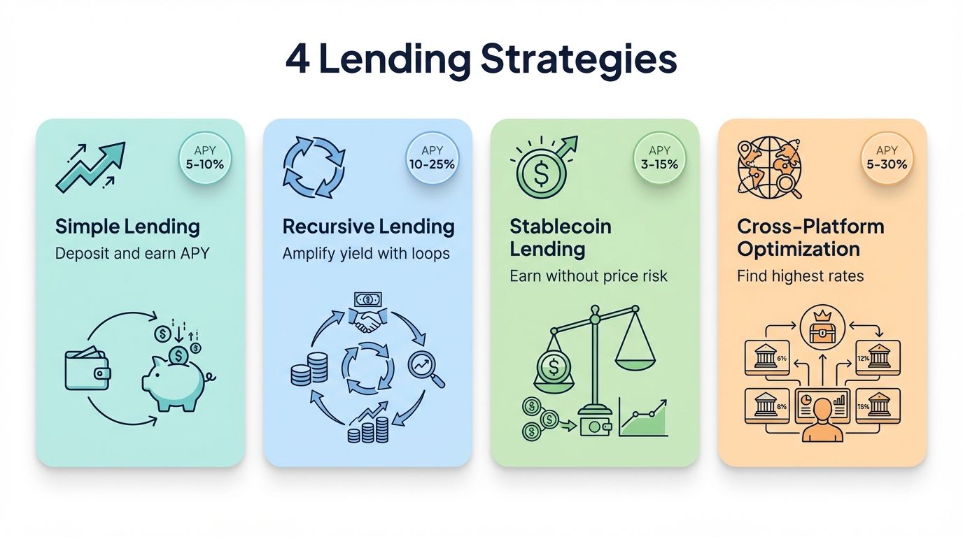 Four crypto lending strategies overview including simple lending recursive lending stablecoin lending and cross platform optimization
