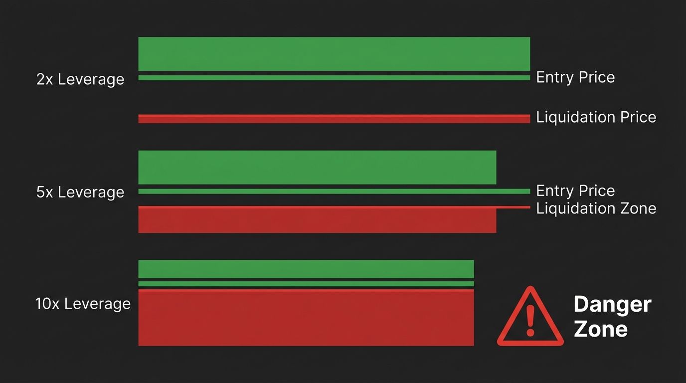 Crypto leverage liquidation risk chart comparing 2x, 5x, and 10x leverage liquidation distances