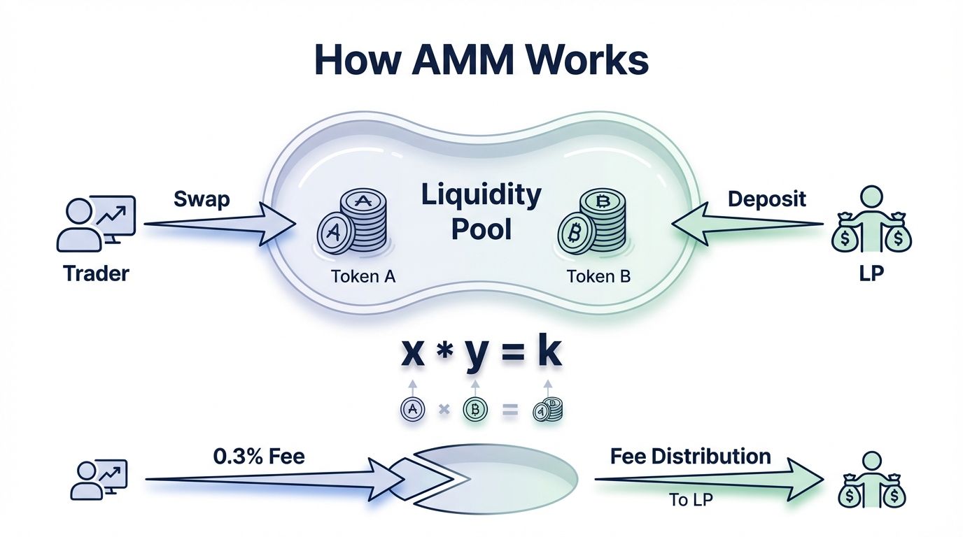Diagram showing how automated market makers work with trader swaps LP deposits and fee distribution