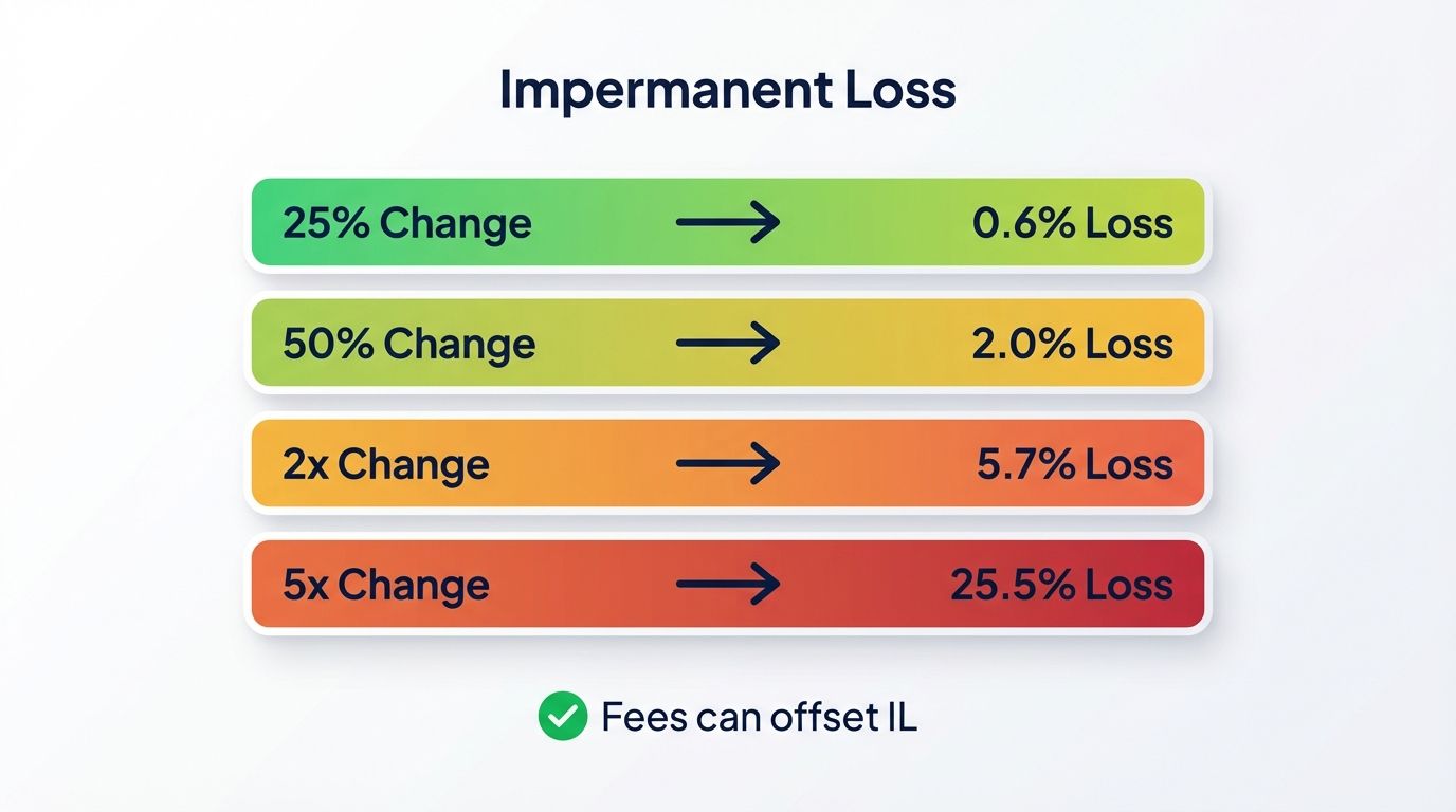 Impermanent loss at different price changes showing 0.6 percent at 25 percent change to 25.5 percent at 5x change
