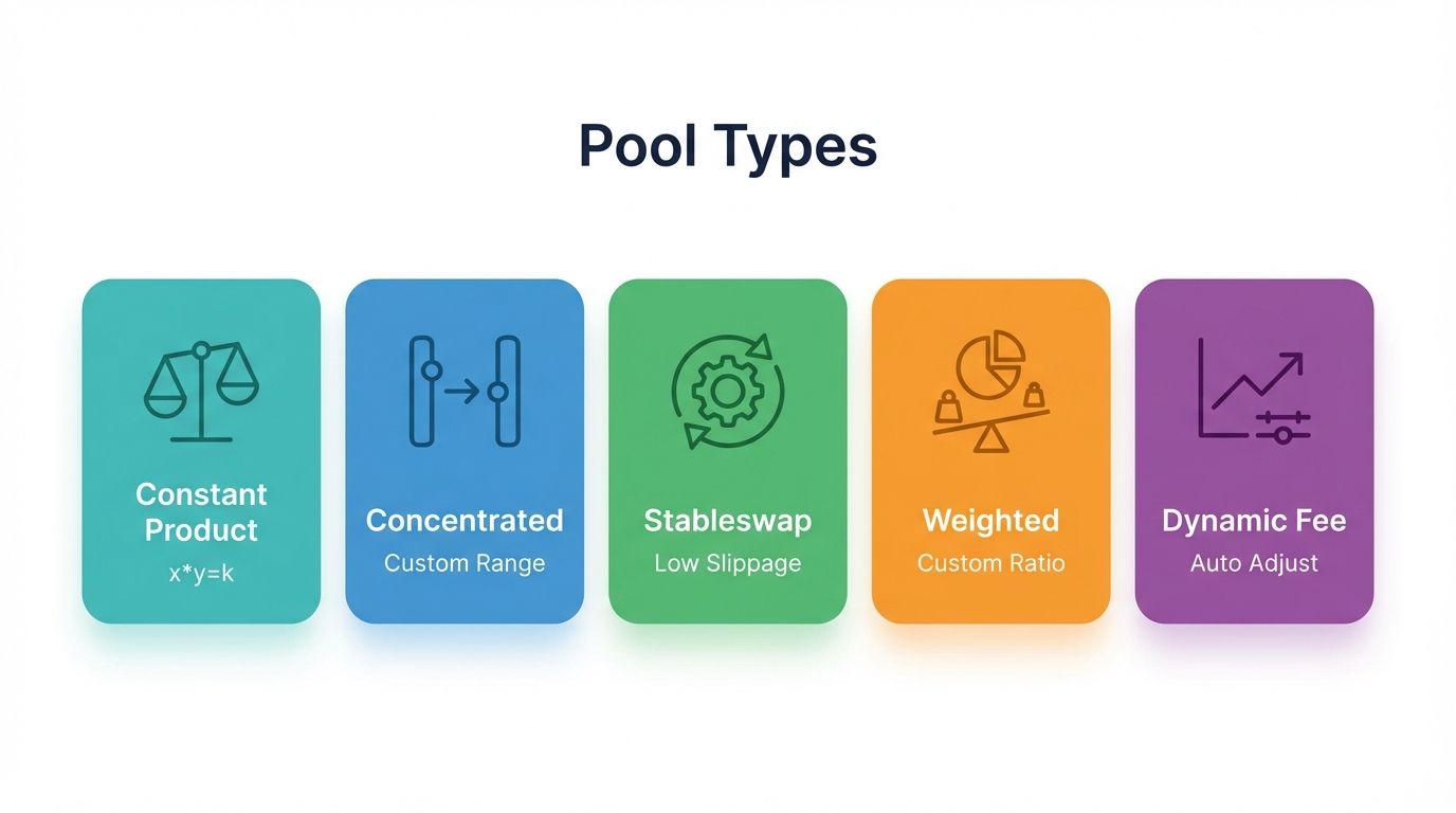 Five types of liquidity pools including constant product concentrated stableswap weighted and dynamic fee