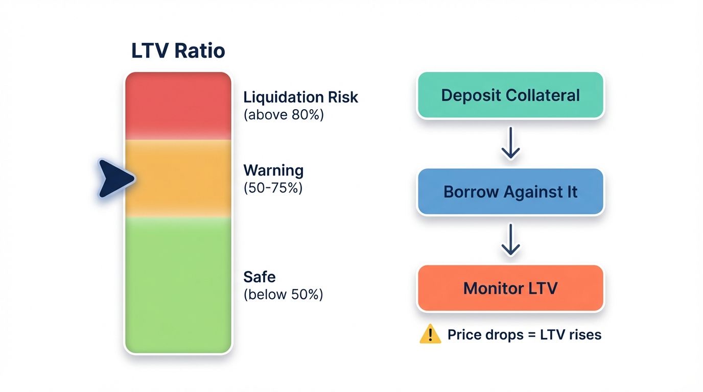 LTV ratio traffic light diagram showing safe warning and liquidation risk zones with three step borrowing flow