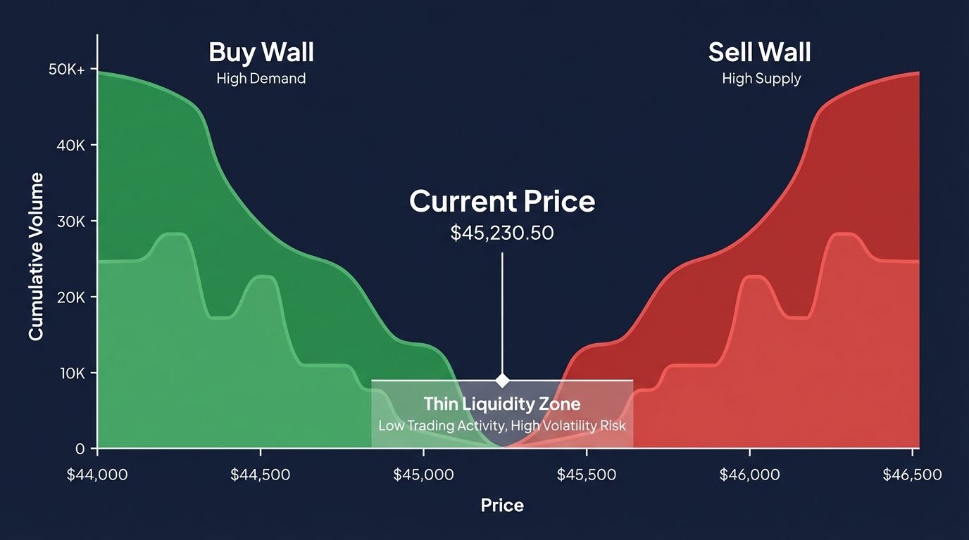 The depth chart visualizes cumulative buy and sell orders, revealing walls, thin
