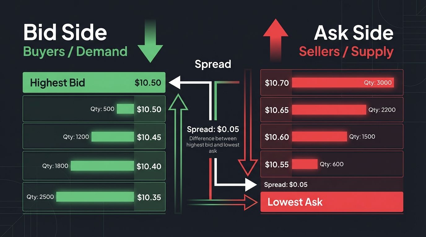 The order book has two sides: bids (buyers) on the left and asks (sellers) on th