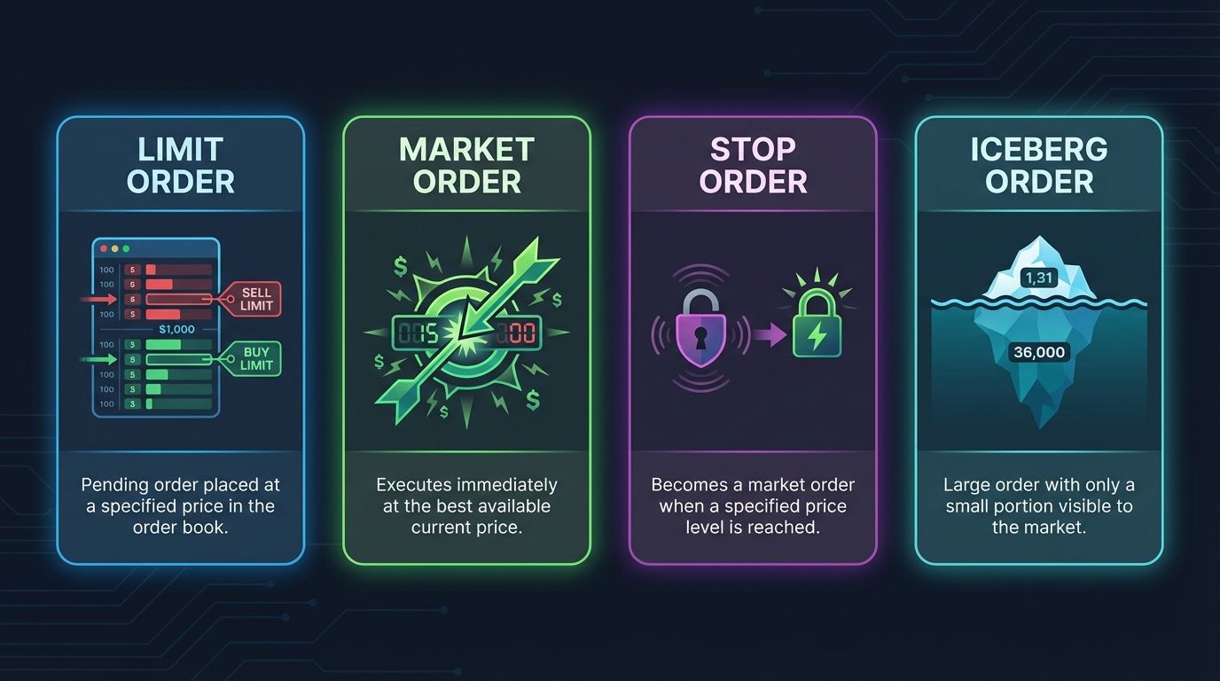 Four main order types interact with the order book differently: limit orders add