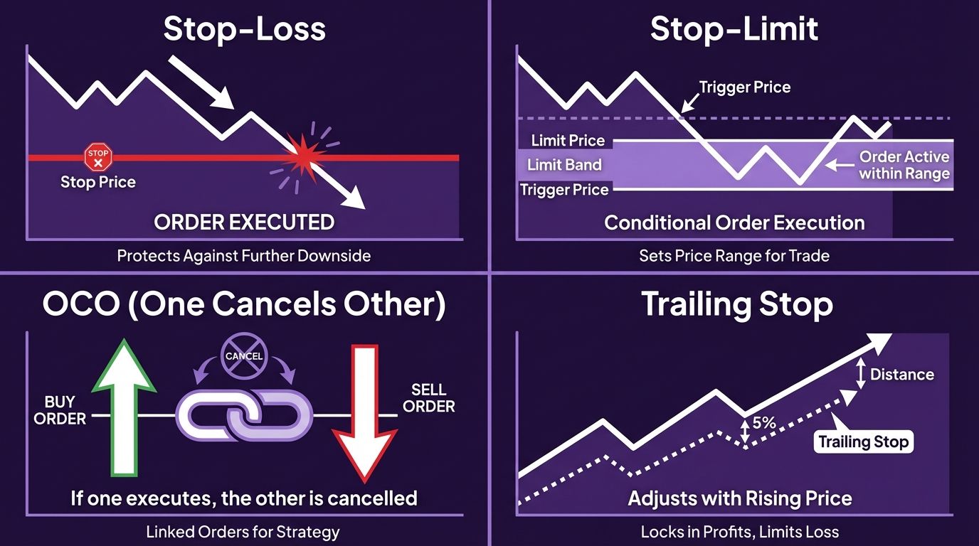 Advanced order types like stop-loss, OCO, and trailing stops help automate your 