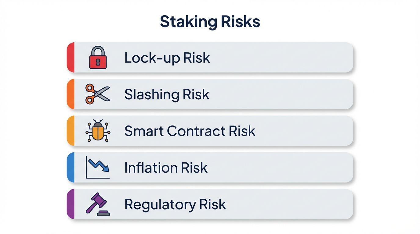 Five staking risk categories including lock-up slashing smart contract inflation and regulatory risk