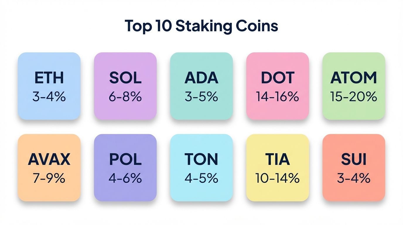 Grid showing top 10 crypto staking coins with APY ranges including ETH SOL ADA DOT ATOM AVAX POL TON TIA SUI