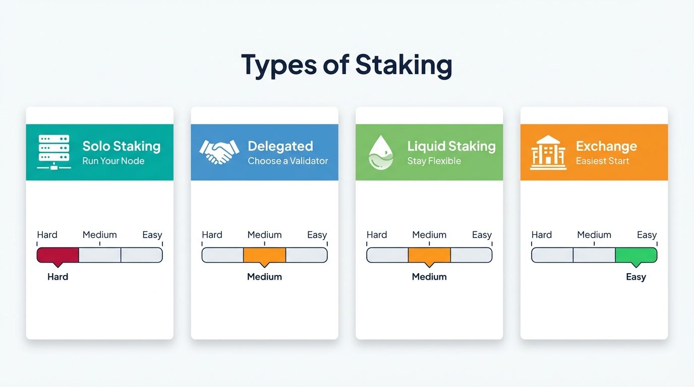 Four types of crypto staking compared including solo delegated liquid and exchange staking with difficulty levels