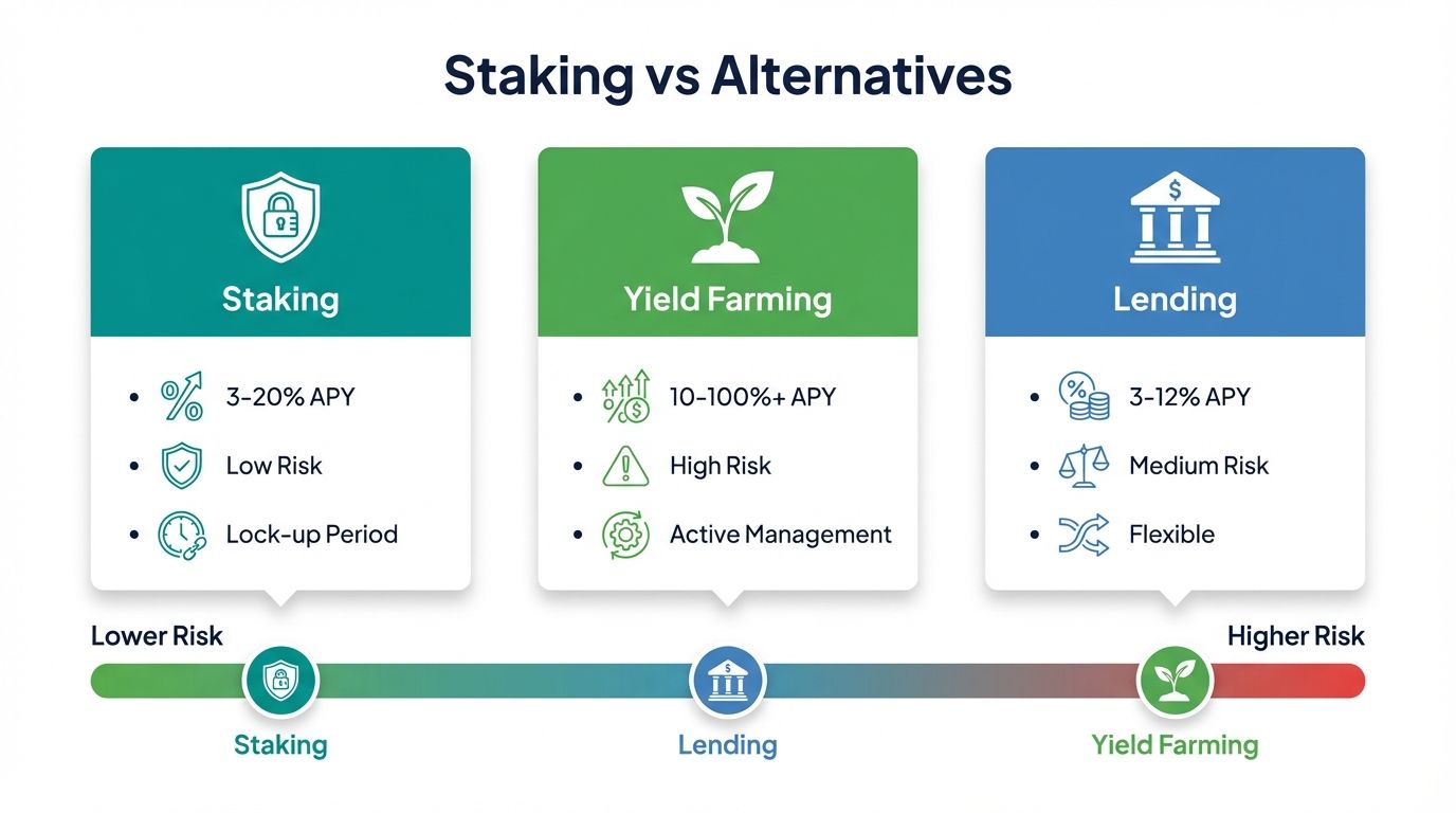 Comparison of staking yield farming and lending strategies showing APY risk and flexibility