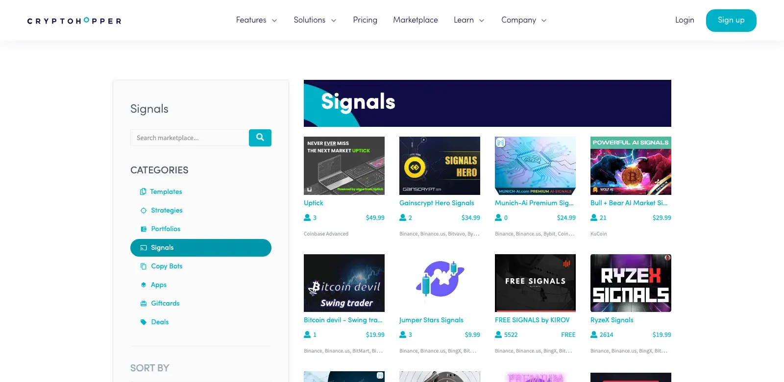 Cryptohopper Signals marketplace listing signal providers with subscriber counts and prices, including a free signals listing