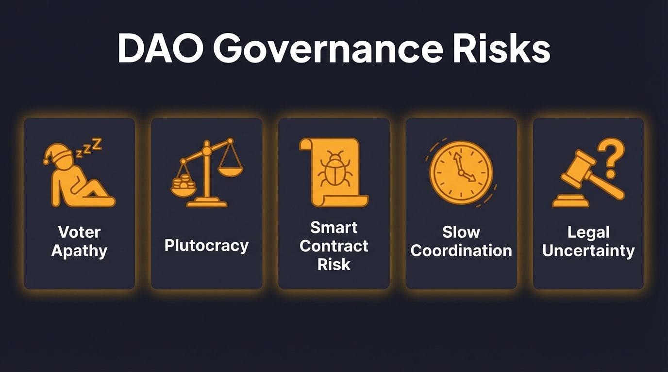 Five key DAO governance risks: voter apathy, plutocracy, smart contract risk, slow coordination, and legal uncertainty