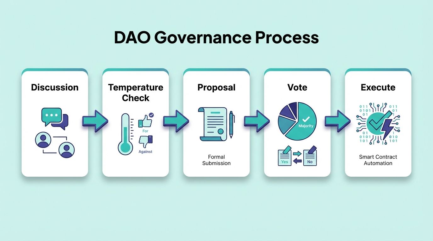 Five-step DAO governance process diagram from discussion through temperature check, proposal, vote, and execution