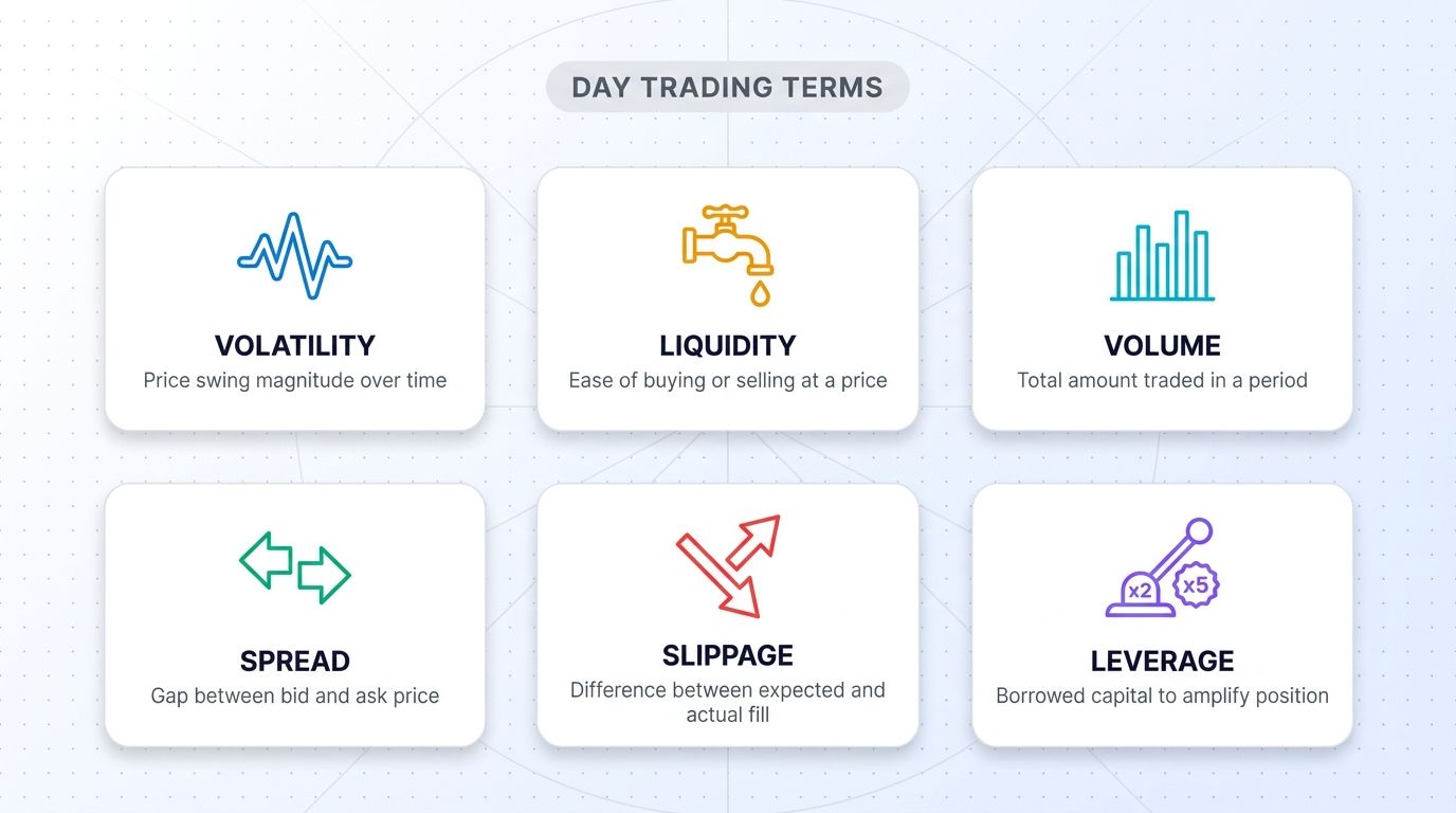 Common day trading terms - volatility, liquidity, volume, spread, slippage, leverage