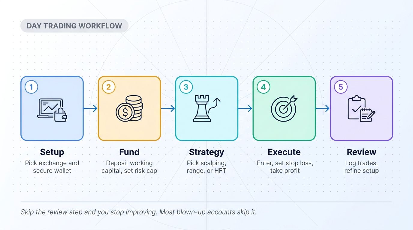 Day trading workflow - setup, fund, strategy, execute, review