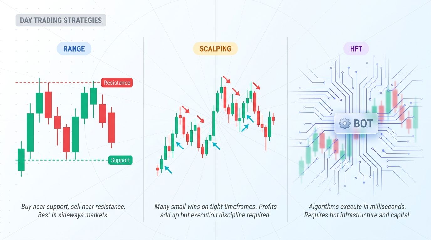 Day trading strategies compared - range trading, scalping, high-frequency trading