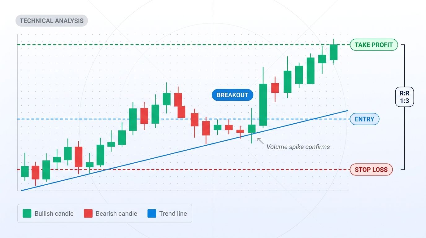 Technical analysis chart with breakout entry, stop loss, take profit, and trend line