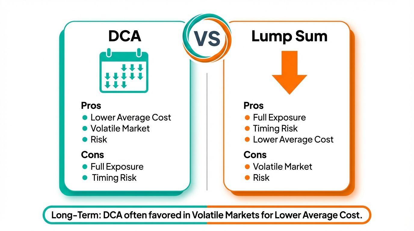 DCA vs lump sum investing crypto comparison showing pros and cons of each strategy