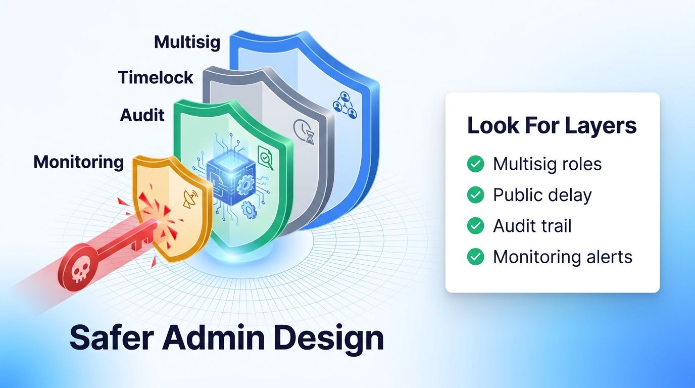 DeFi admin key safeguards including multisig, timelock, audit, and monitoring
